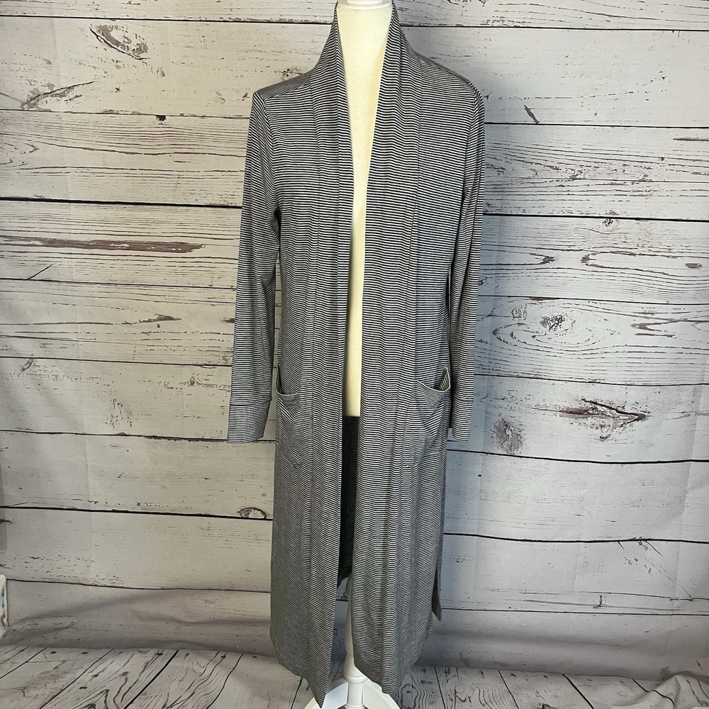 Loft Duster Sweater Womens Size Medium Gray Striped Pockets Open Front Light